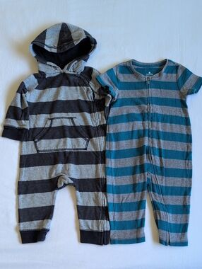 BABY GAP | 2 Pack Rugby Stripe Full Zip Hooded Jumpsuit Romper Set | 6-12M